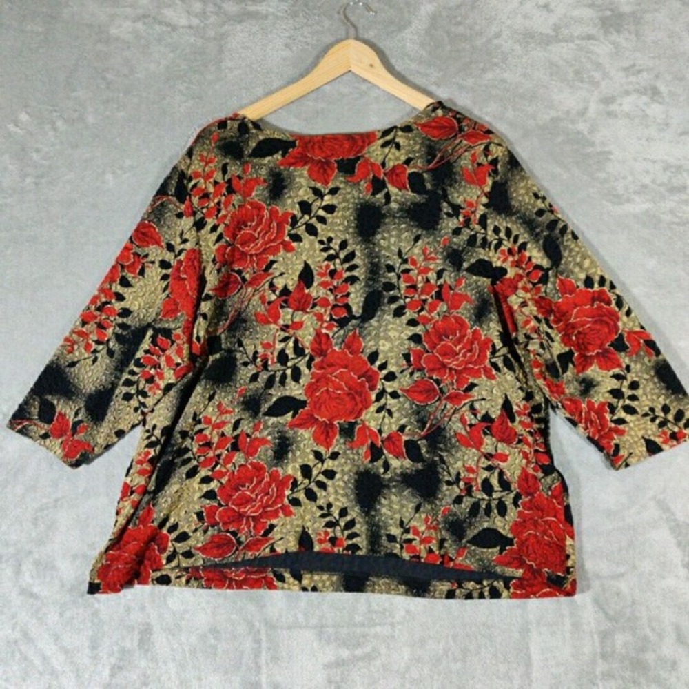 Maggie Barnes Shirt Womens 1X Red 3/4 Sleeve Floral Blouse Grandmacore